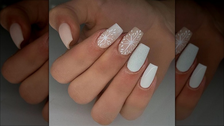 White and neutral snowflake nails