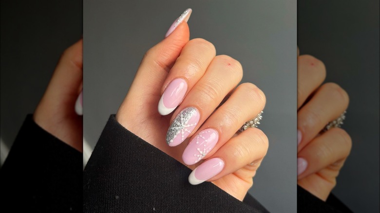 Pink and white snowflake French manicure
