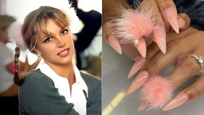 Split image of Britney Spears in the Baby One More Time music video and pompom nails