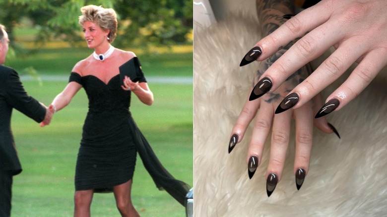 Split image of Princess Diana in her revenge dress and clear black nails