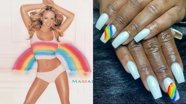 Split image of Mariah Carey's Rainbow album cover and rainbow nails