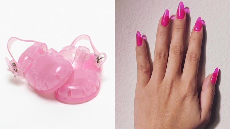 Split image of pink jelly shoes and jelly shoe nails