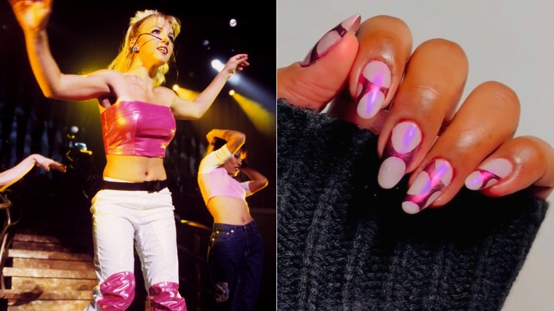 Split image of Britney Spears performing and a Britney Spears-inspired manicure