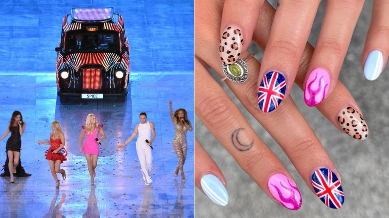 Split image of The Spice Girls performing and Spice Girls-inspired nails