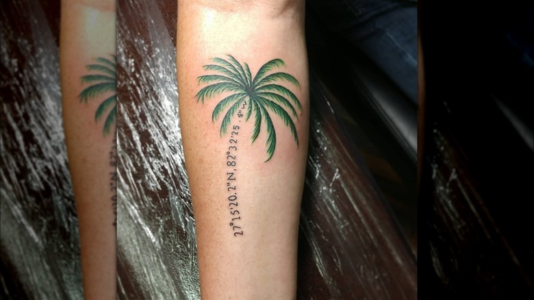 Palm tree with coordinates tattoo