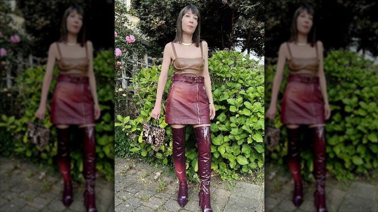 Woman in leather earth tones