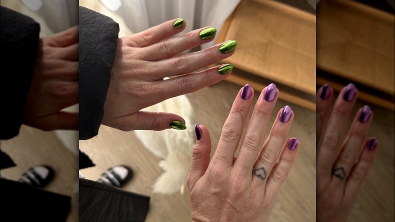 Green and purple chrome nails