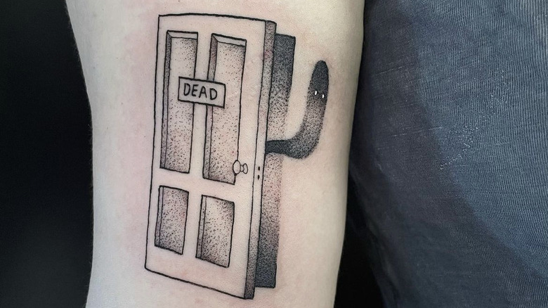 tattoo of ghost door with "dead" sign