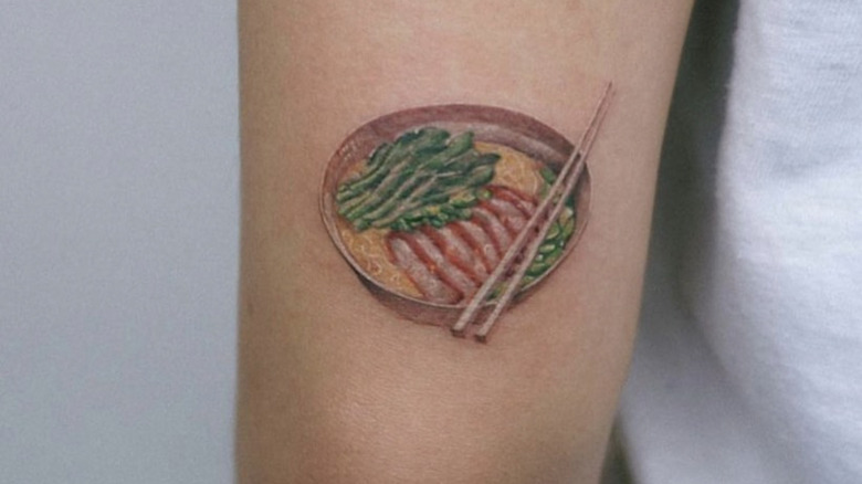 micro realism tattoo of a bowl of ramen 