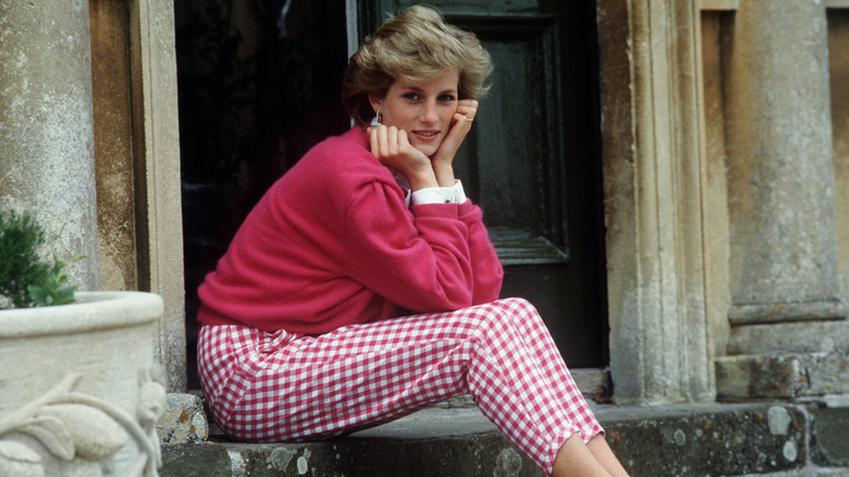 Princess Diana in casual pink attire sitting on a stoop