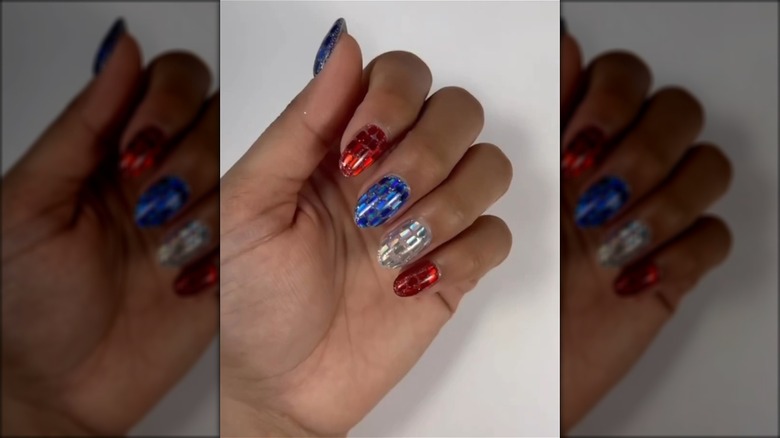 Red, white and blue shiny nails