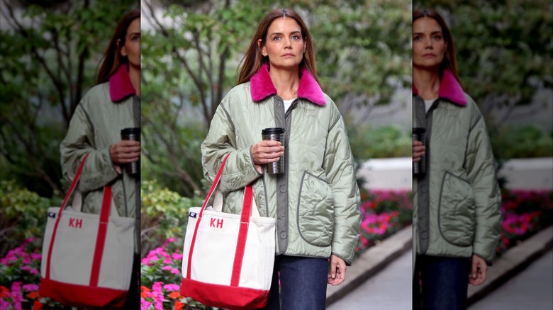 Katie Holmes in green puffer jacket