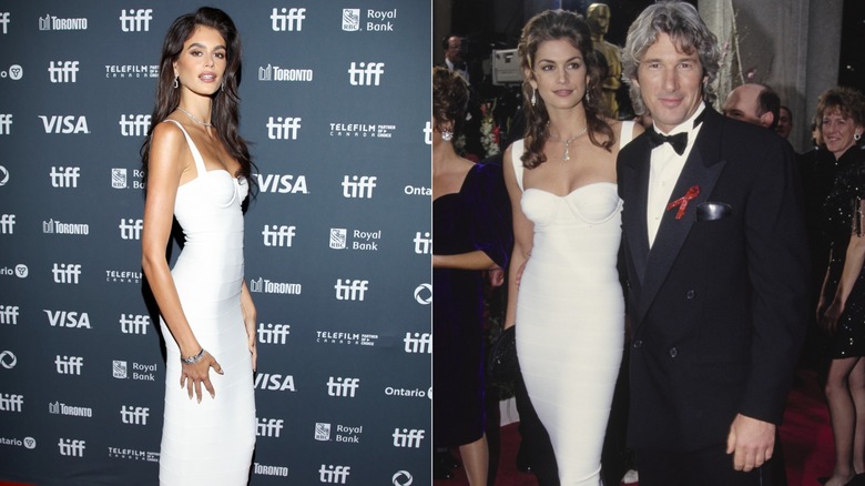 Split image of Kaia Gerber and Cindy Crawford posing with Richard Gere while wearing the same white Hervé Leger dress