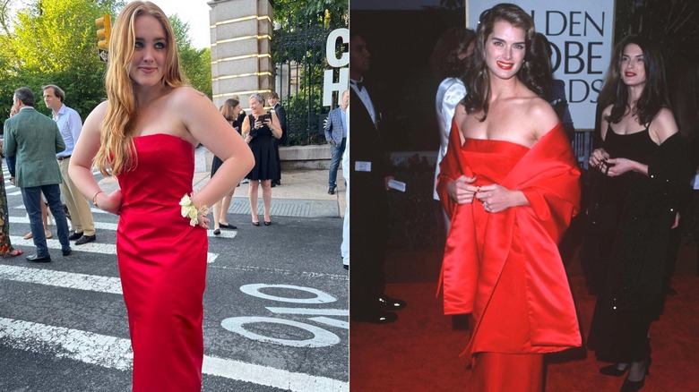 Split image of Rowan Francis Henchy and Brooke Shields wearing the same strapless red dress