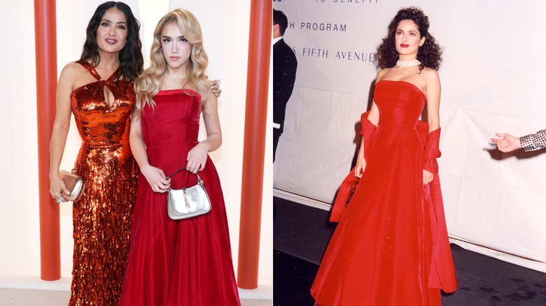 Split image of Valentina Pinault posing with Salma Hayek and Salma Hayek wearing the same red Isaac Mizrahi gown