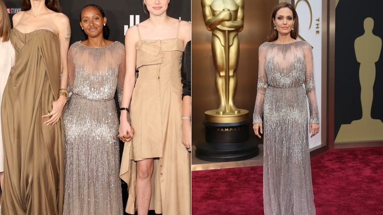 Split image of Zahara Jolie posing with a group and Angelina Jolie wearing the same sparkly, illusion dress