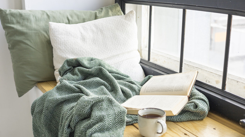 Bright window seat with pillows, blanket, mug, and open book