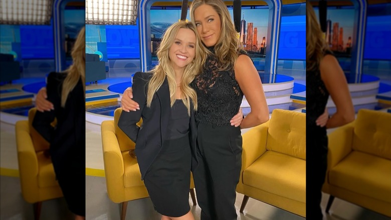 Jennifer Aniston and Reese Witherspoon on the set of "The Morning Show"