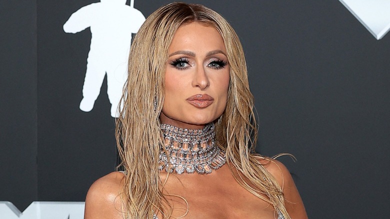 Paris Hilton with large statement necklace on the red carpet