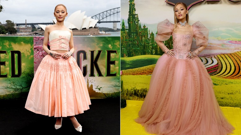 Split image of Ariana Grande wearing pink outfits for the release of "Wicked"