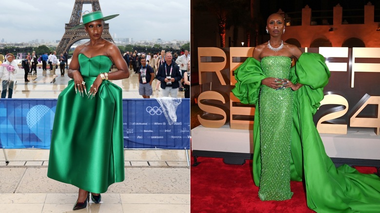 Split image of Cynthia Erivo wearing green gowns around the release of "Wicked"