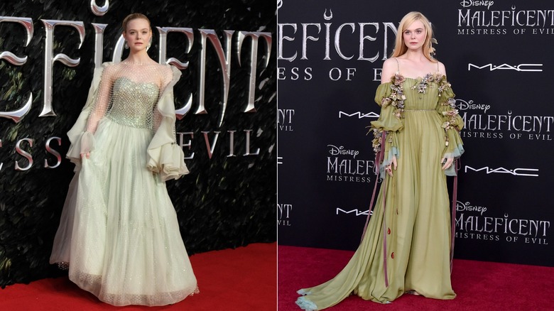 Split image of Elle Fanning wearing whimsical gowns for "Maleficent: Mistress of Evil"