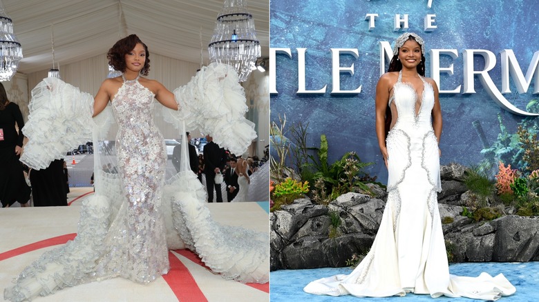 Split image of Halle Bailey wearing ocean-inspired gowns ahead of "The Little Mermaid"