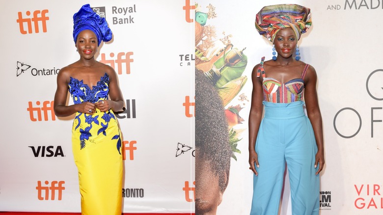 Split image of Lupita Nyong'o wearing colorful outfits and headpieces promoting "Queen of Katwe"