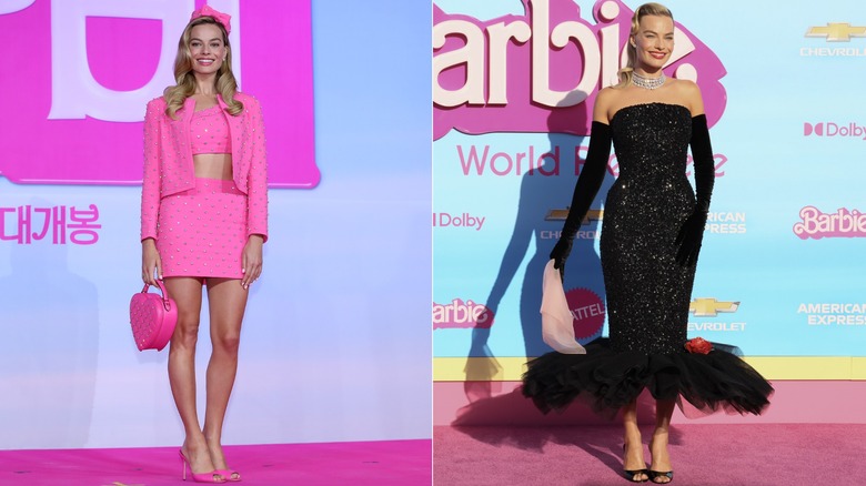 Split image of Margot Robbie wearing recreations of Barbie looks for "Barbie" movie events