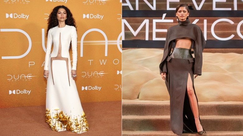 Split image of Zendaya wearing futuristic outfits for "Dune: Part Two"