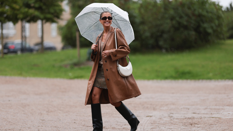 Woman wearing leather coat