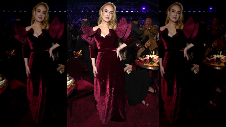 Adele in a red gown with ruffled shoulders at the 2023 Grammys