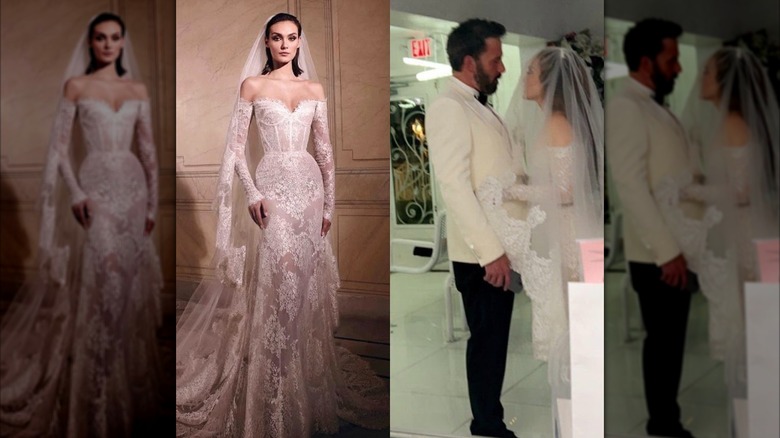 Side by side shots of a lacy Zuahir Murad wedding gown and Jennifer Lopez with Ben Affleck