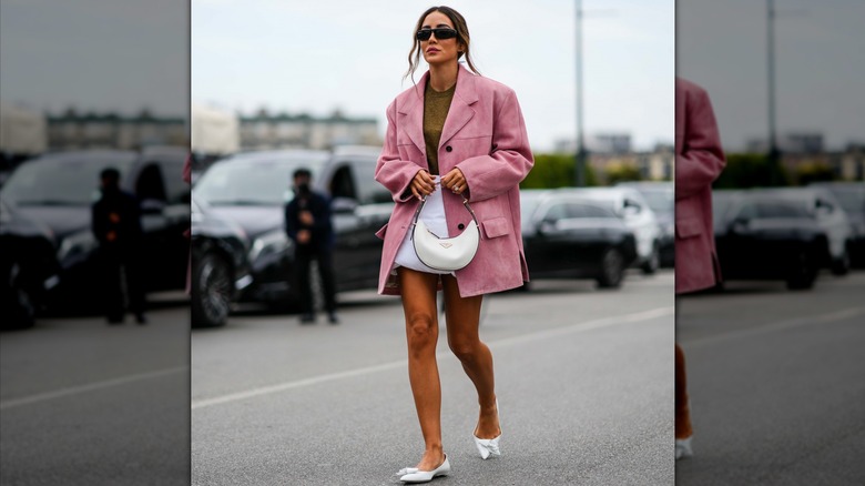 White flats pink blazer