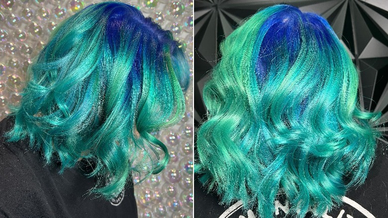 Short, layered teal and blue hair