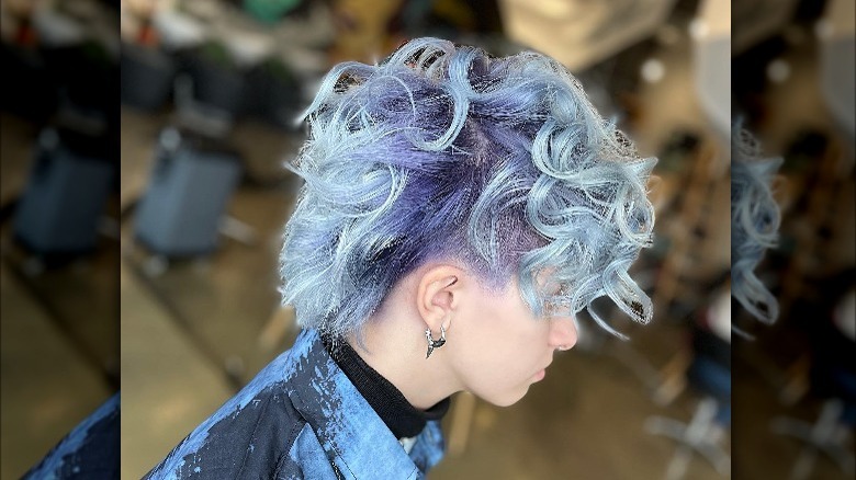 Short, curly hair with blue ombre