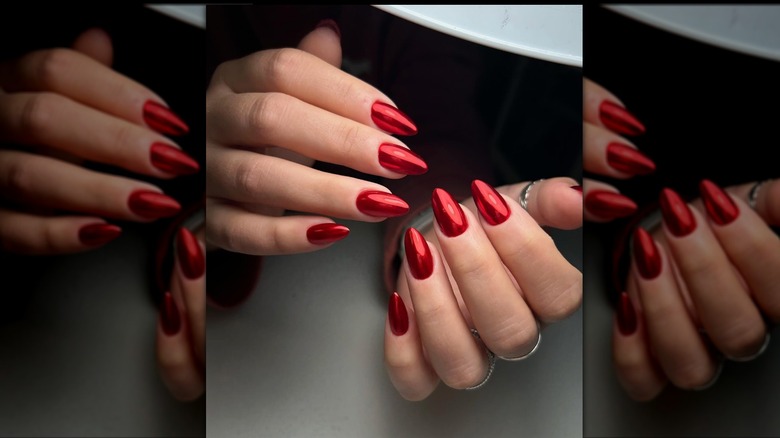 classic manicure in red chrome