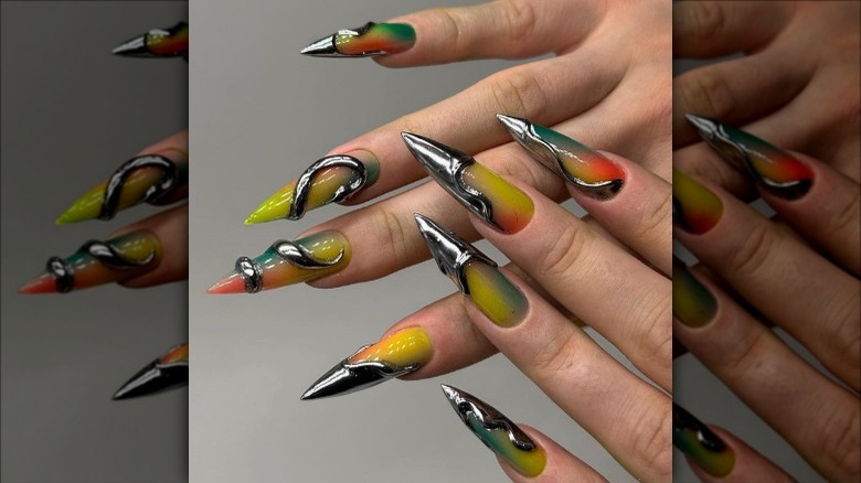 manicure with 3D chrome art