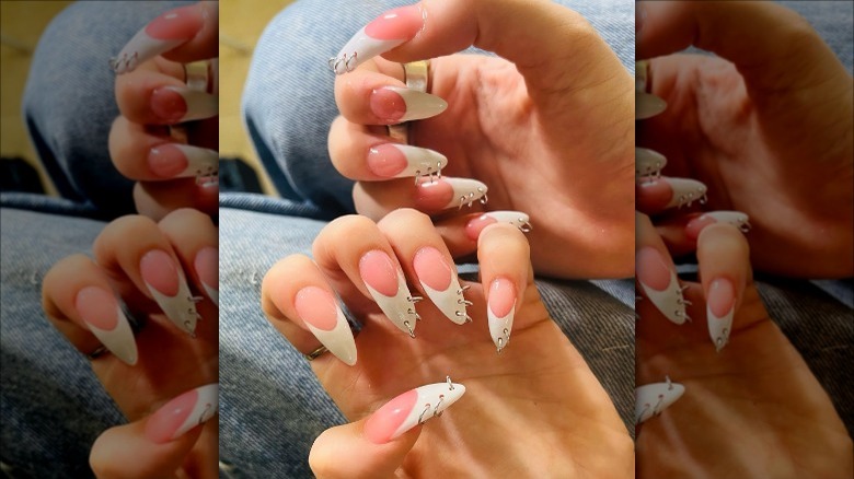 French manicure with hoop piercings