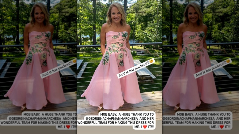 Katie Couric in a pink strapless dress 