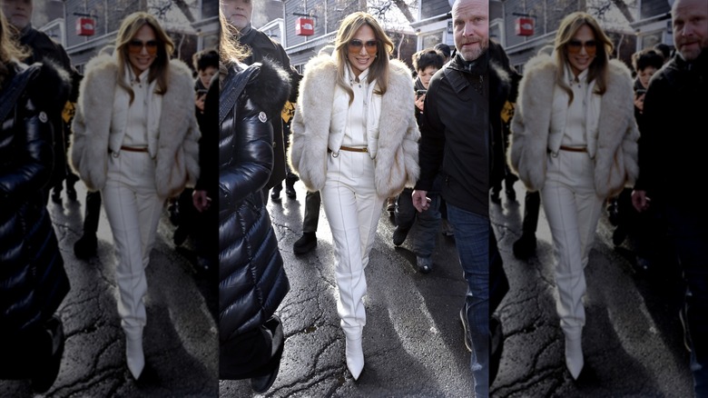 Jennifer Lopez smiling while wearing a faux fur jacket during the 2025 Sundance Film Festival