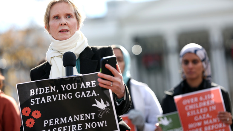 cynthia nixon at the white house in november 2023 protesting