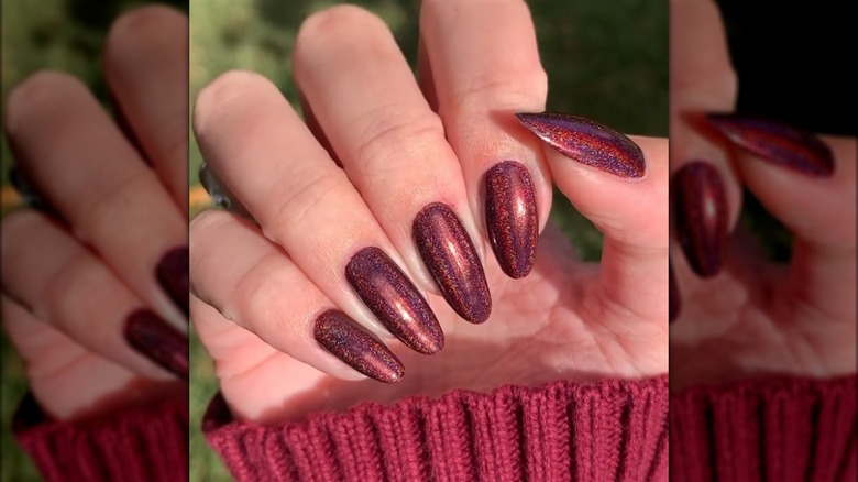 Holographic dark red nails