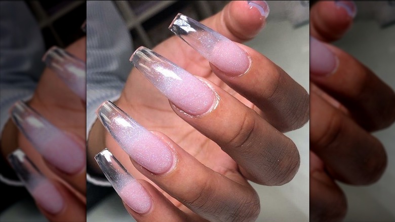 Pink glitter clear nails