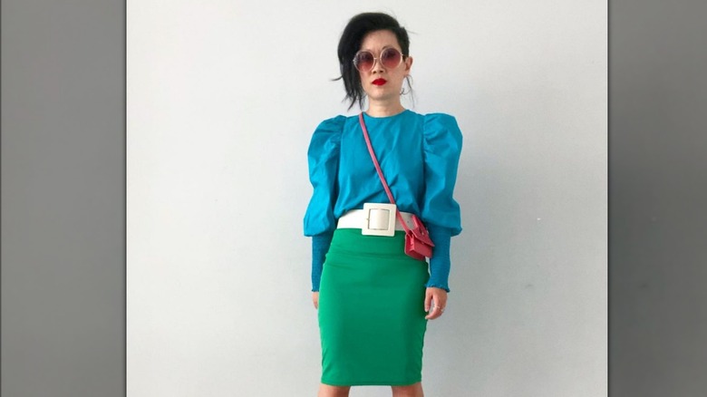Woman wearing colorblock outfit