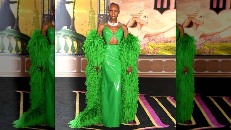 Cynthia Erivo wearing a lime green dress with bodice cut-outs and a floor-length shawl at the "Wicked" premiere