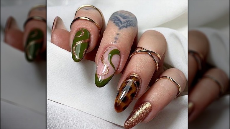 Green, gold, and amber manicure