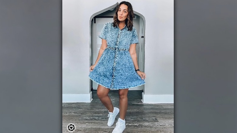 Denim dress with sneakers
