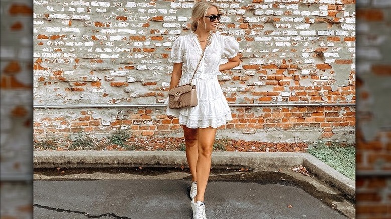 White dress with white sneakers