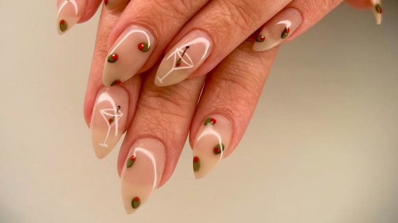 Nails with olive and martini designs